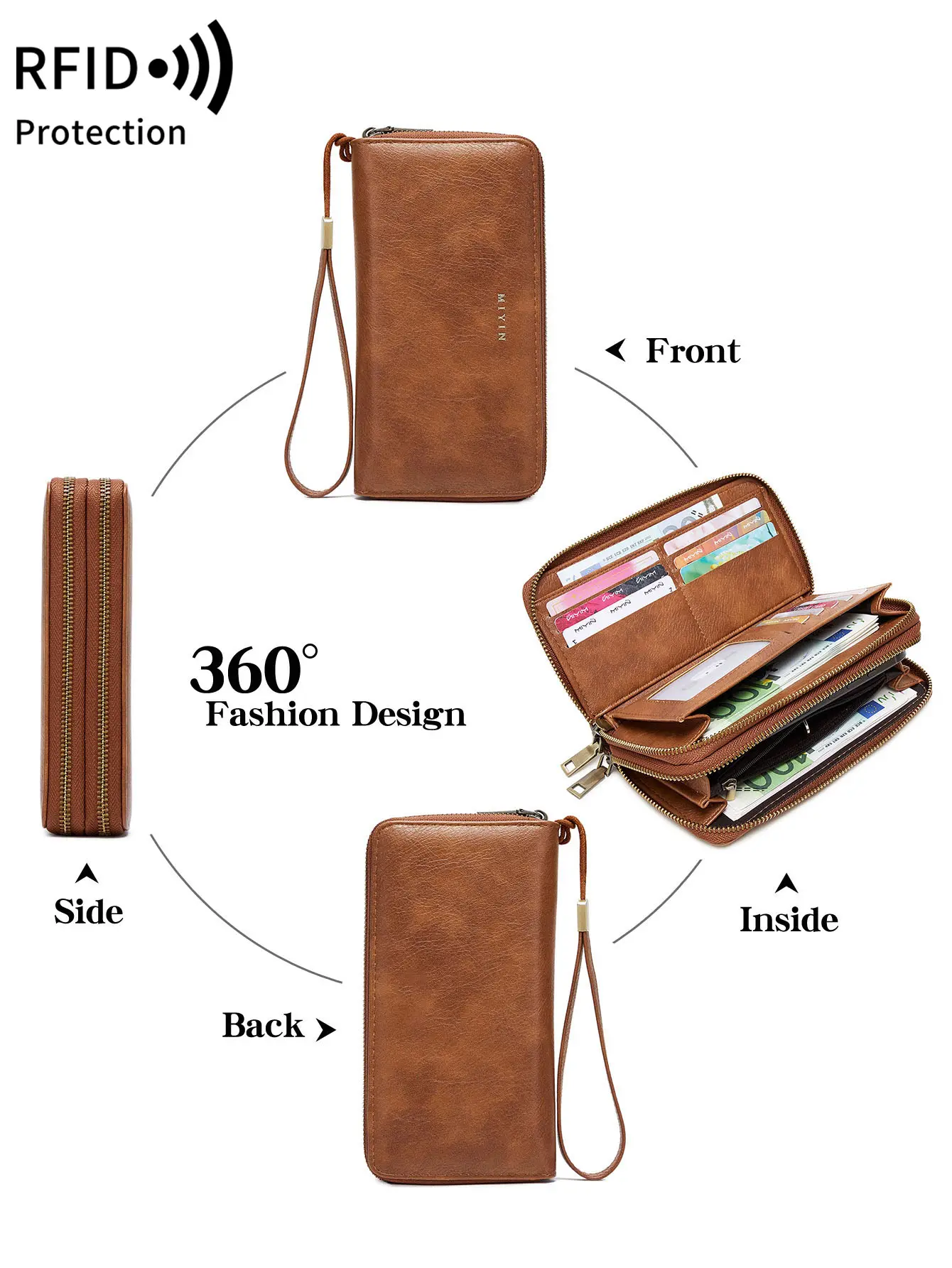MIYIN Women's Wallet RFID Shielding Double Zipper Women's Clutch Bag Retro Minimalist Multi-function Multi-card Slot Card Holder