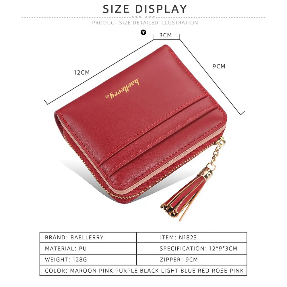 Baellerry 2025 Slim Short Wallet for Women - Trendy Zipper PU Coin Purse, 8 Card Slots & Key Ring Holder