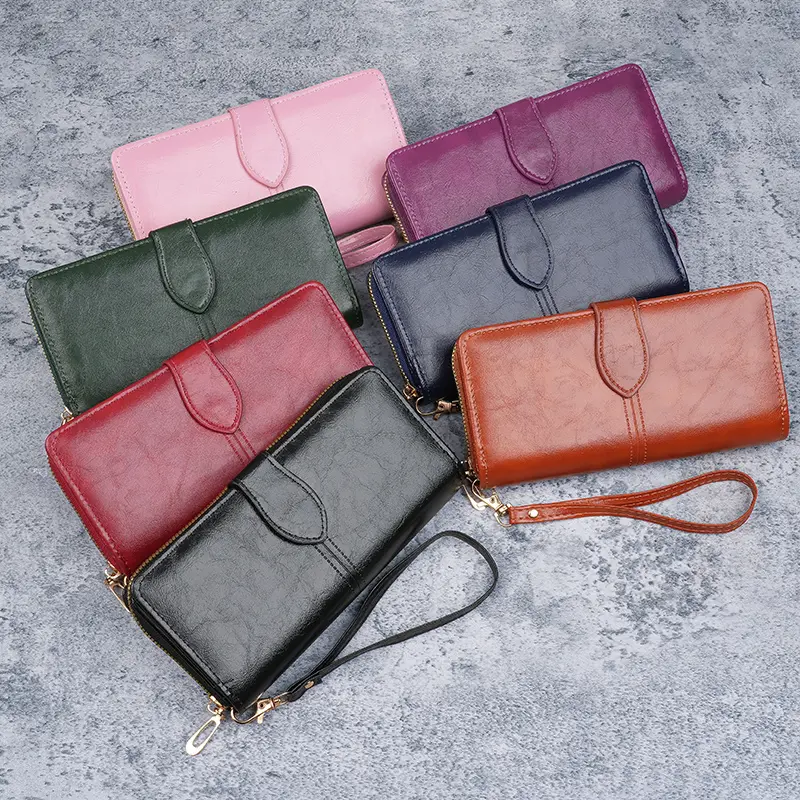 Hot selling cross-border oil wax zipper wallet for women, European and American retro card bag, large capacity mobile phone bag,