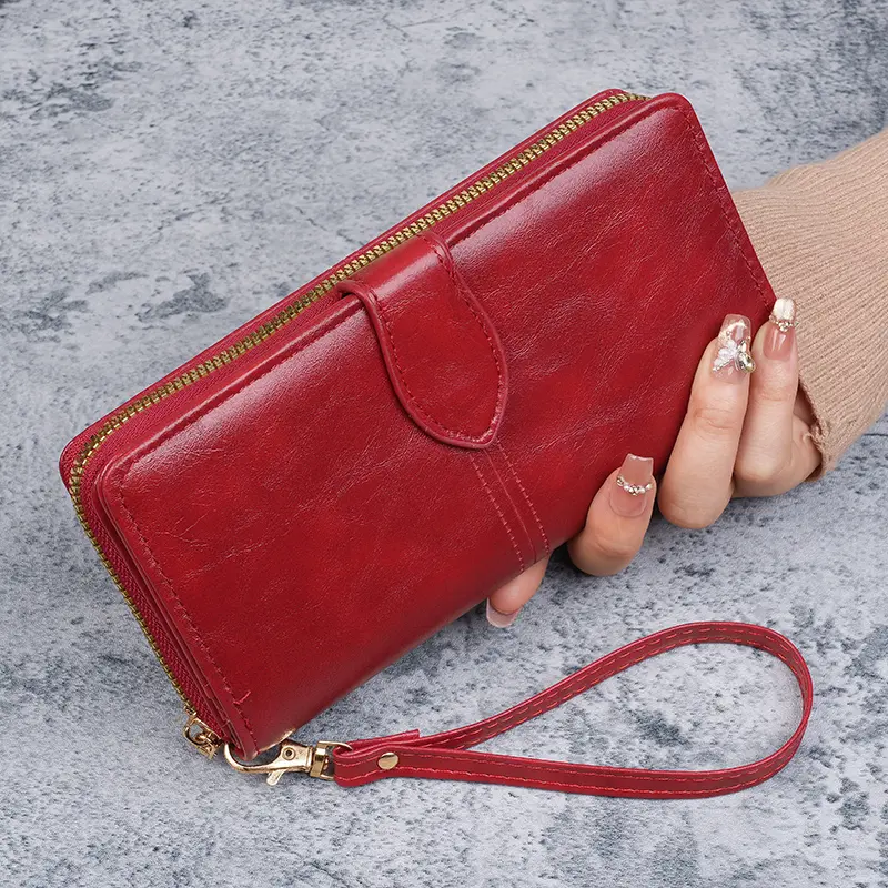 Hot selling cross-border oil wax zipper wallet for women, European and American retro card bag, large capacity mobile phone bag,