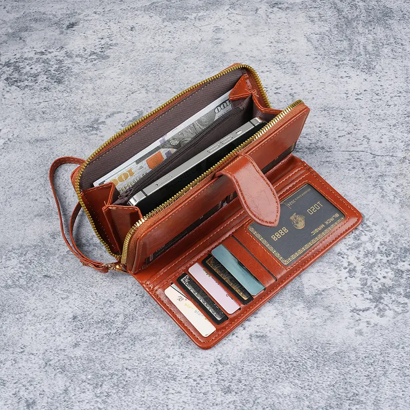 Hot selling cross-border oil wax zipper wallet for women, European and American retro card bag, large capacity mobile phone bag,