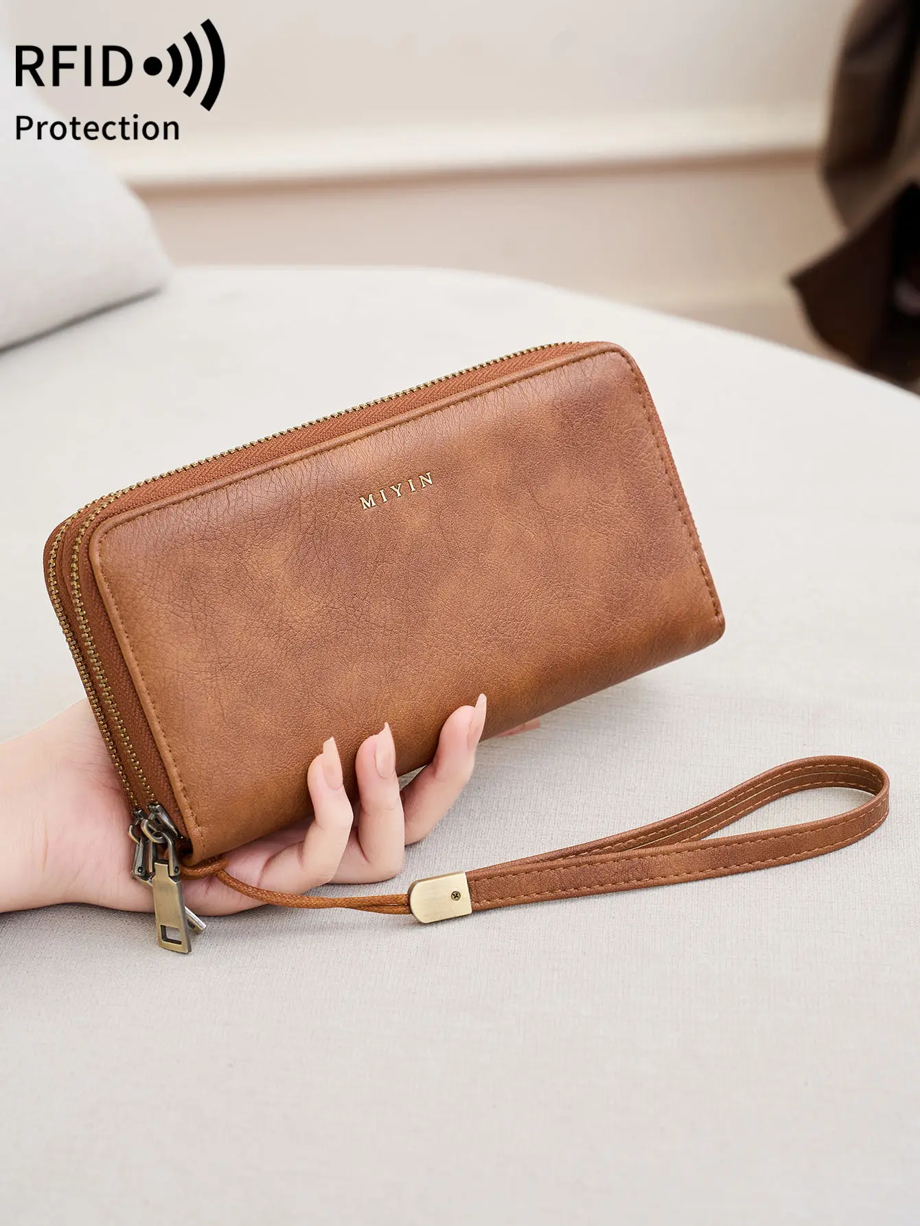 NEW RFID Blocking Vintage Large Capacity Double-Zipper Wallet Stylish Handbag Women'S with Multiple Card Slots and Phone Holder