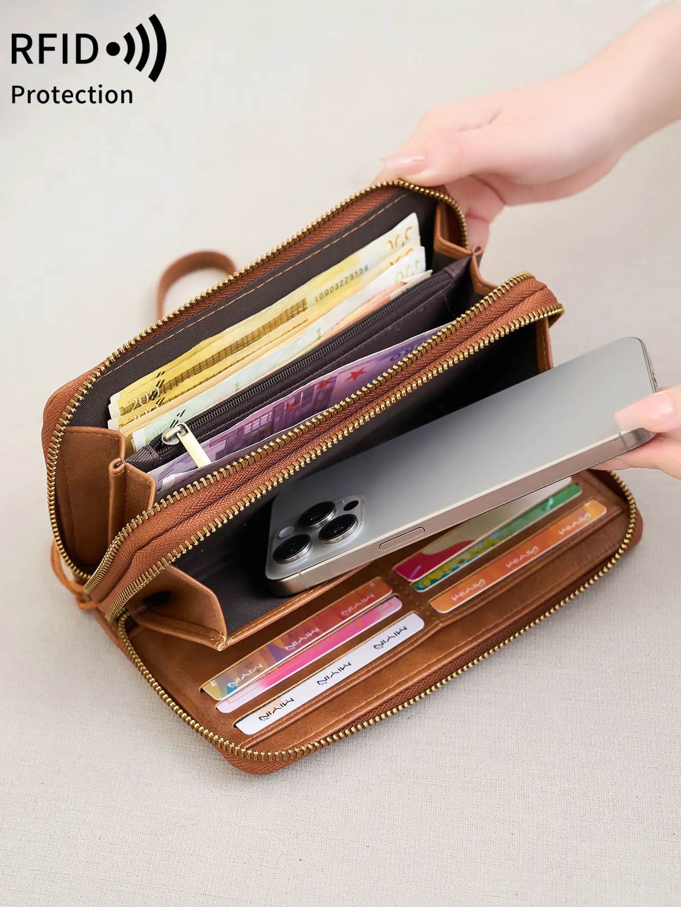 NEW RFID Blocking Vintage Large Capacity Double-Zipper Wallet Stylish Handbag Women'S with Multiple Card Slots and Phone Holder