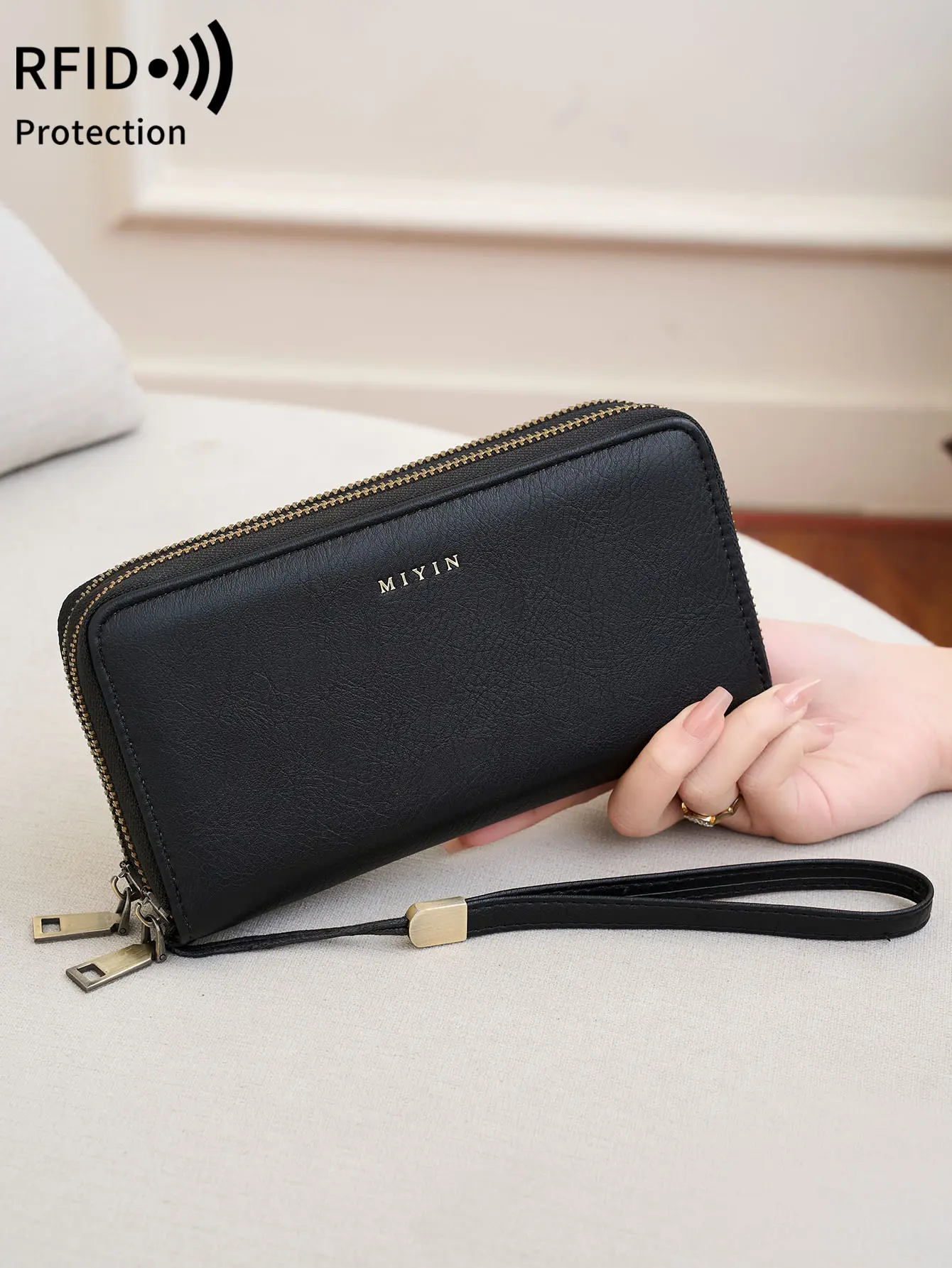 NEW RFID Blocking Vintage Large Capacity Double-Zipper Wallet Stylish Handbag Women'S with Multiple Card Slots and Phone Holder