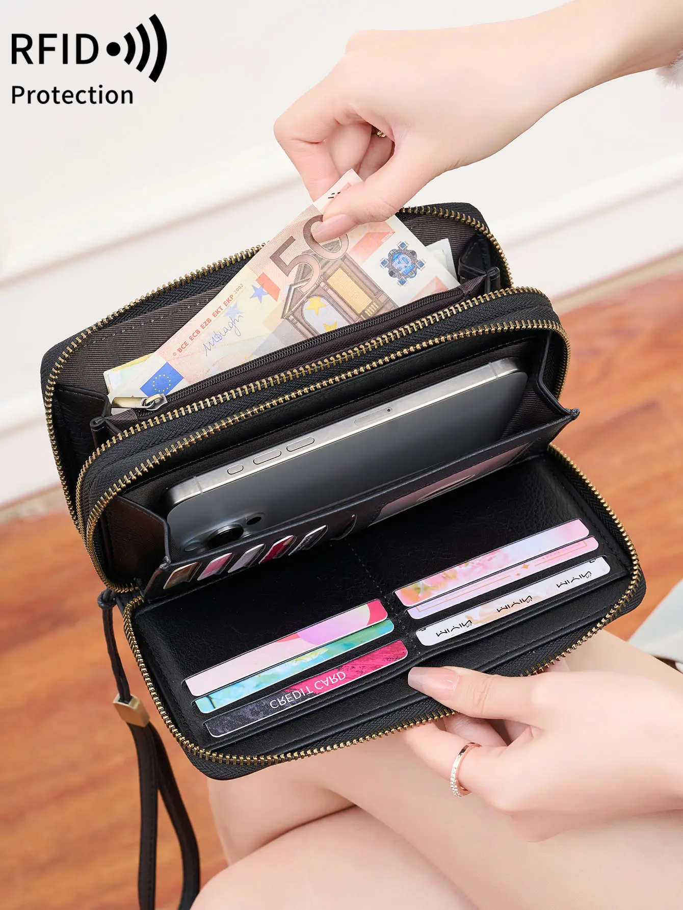NEW RFID Blocking Vintage Large Capacity Double-Zipper Wallet Stylish Handbag Women'S with Multiple Card Slots and Phone Holder