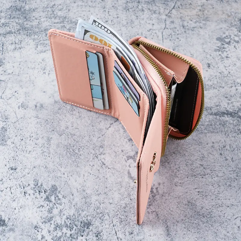 Cross border women's small wallet leather new handheld coin purse 2-in-1 zipper three fold card bag integrated storage bag