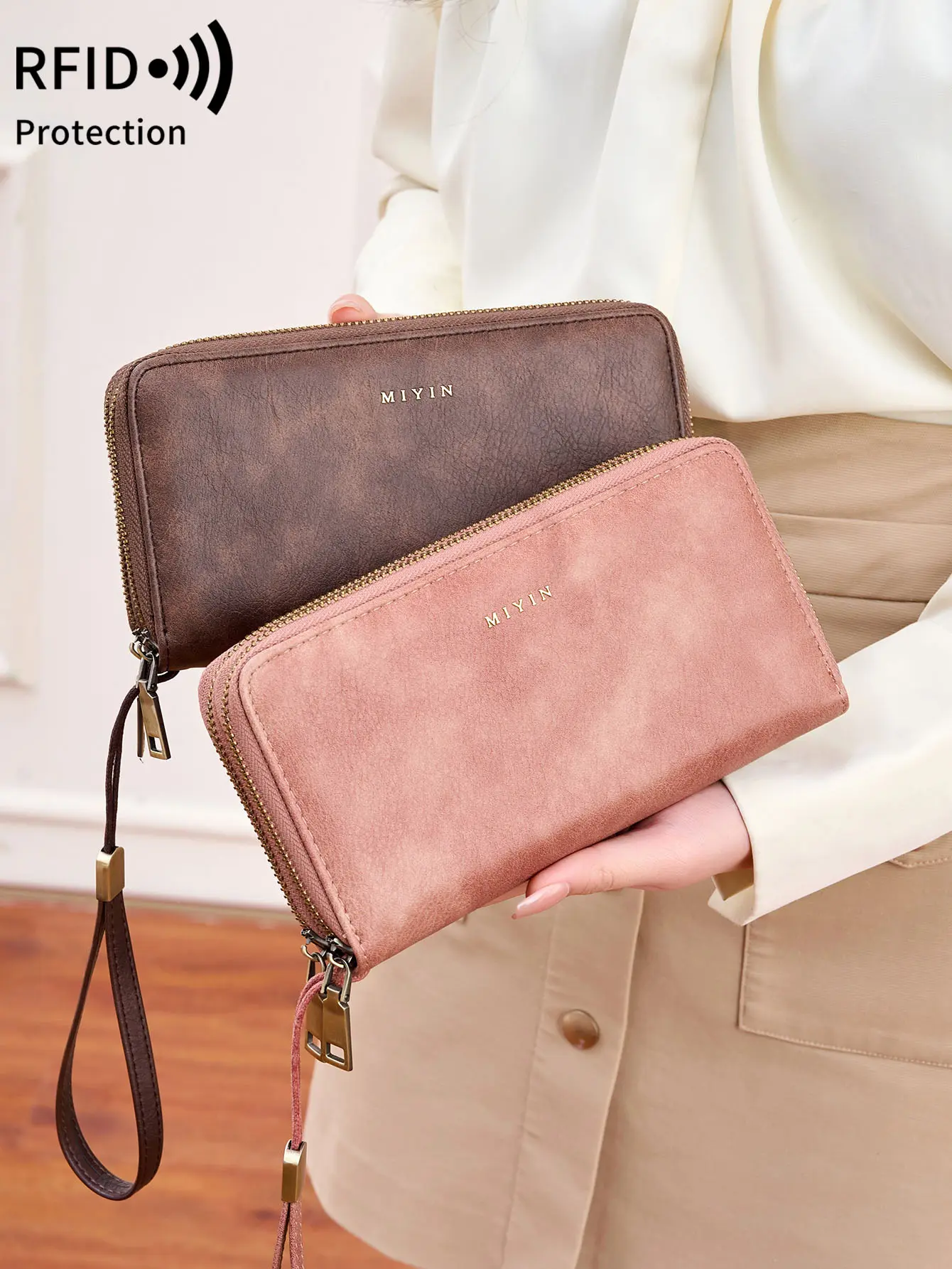 NEW RFID Blocking Vintage Large Capacity Double-Zipper Wallet Stylish Handbag Women'S with Multiple Card Slots and Phone Holder