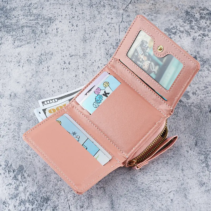 Cross border women's small wallet leather new handheld coin purse 2-in-1 zipper three fold card bag integrated storage bag