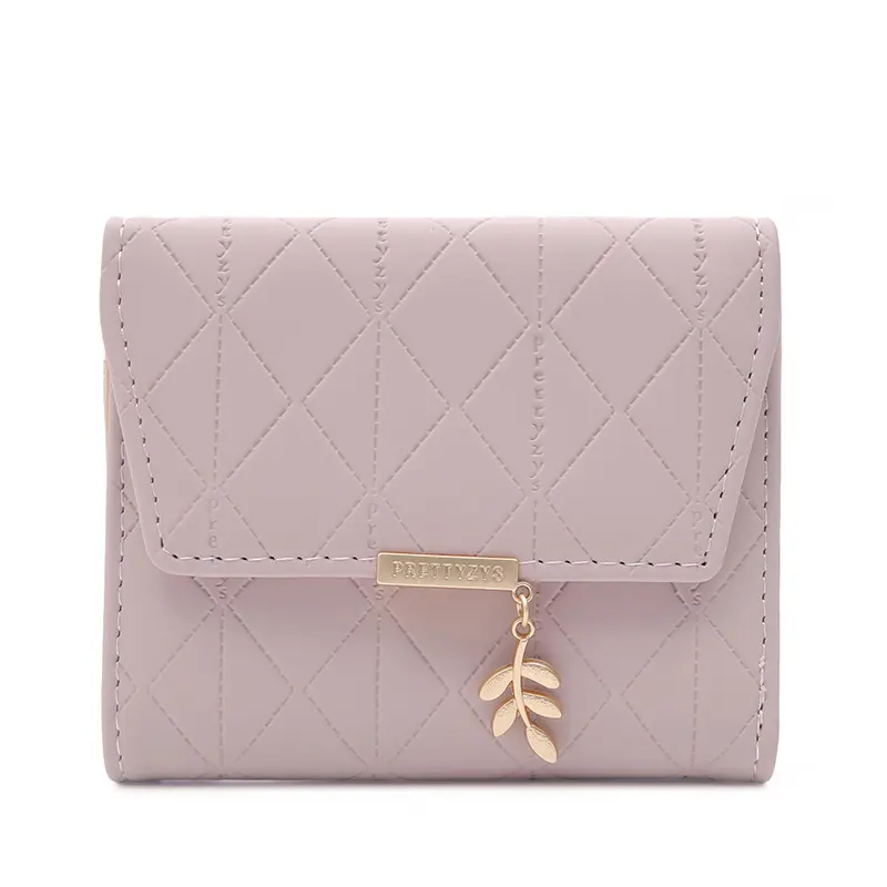 Purse women's short 2024 Japan and South Korea small fresh diamond lattice leaf pendant buckle folding three-fold bag multi-card
