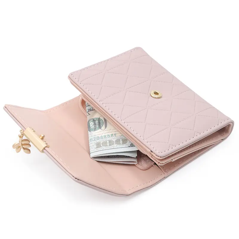 Purse women's short 2024 Japan and South Korea small fresh diamond lattice leaf pendant buckle folding three-fold bag multi-card