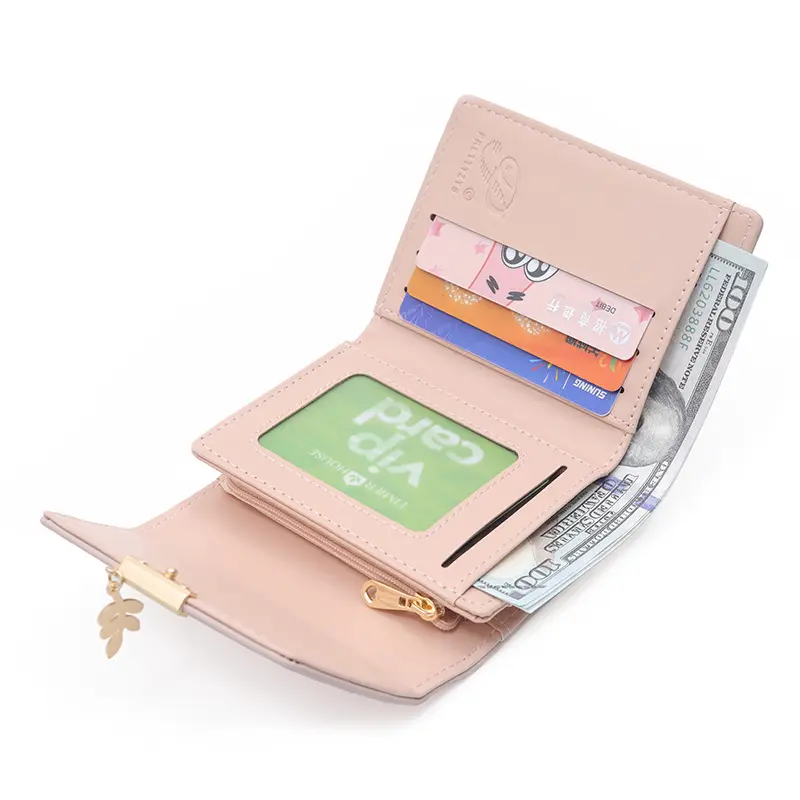 Purse women's short 2024 Japan and South Korea small fresh diamond lattice leaf pendant buckle folding three-fold bag multi-card