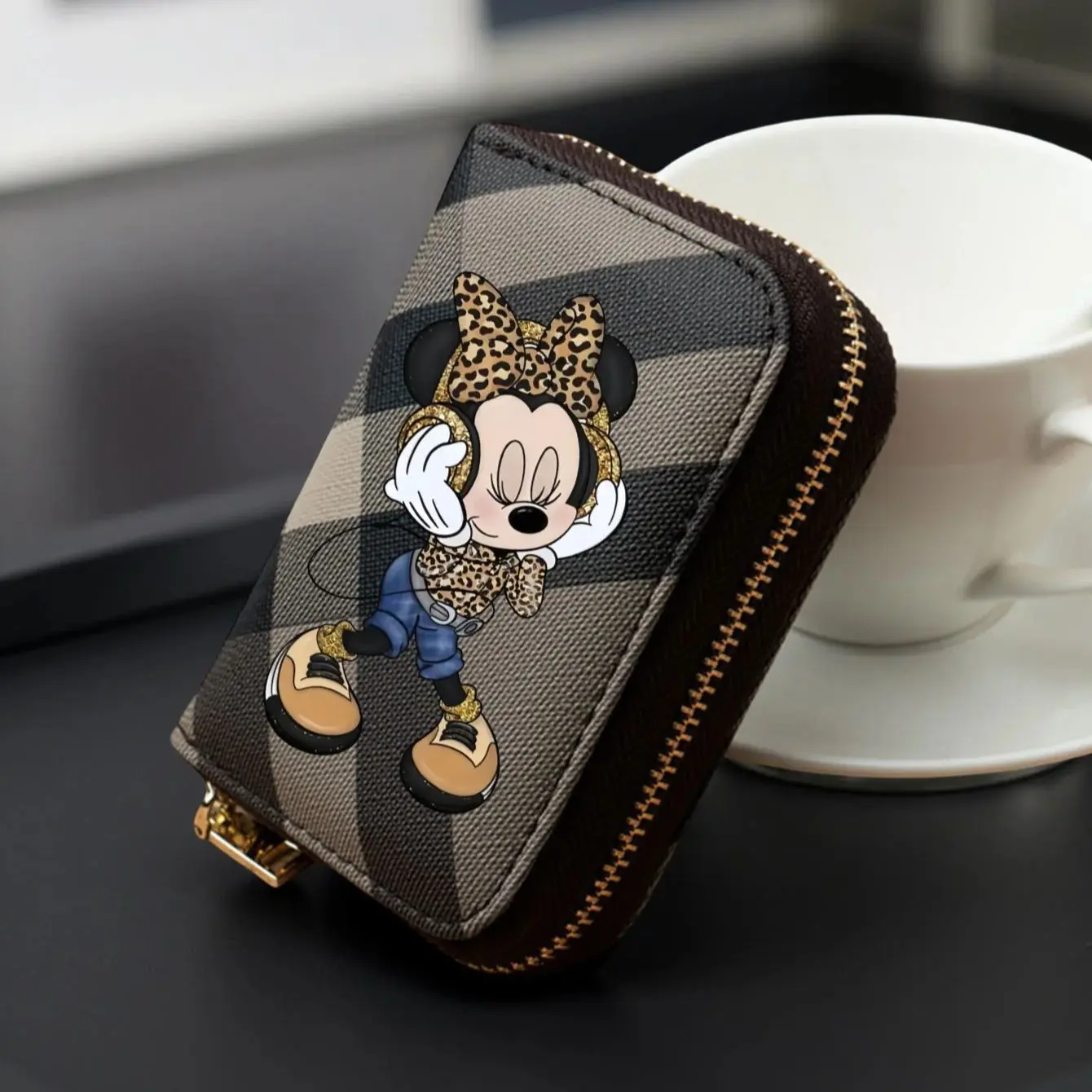 Minnie Plaid Pattern Wallet – Short PU Leather Zipper Coin Purse with Leopard Outfit Print & Card Slots for Women, 3 Colors