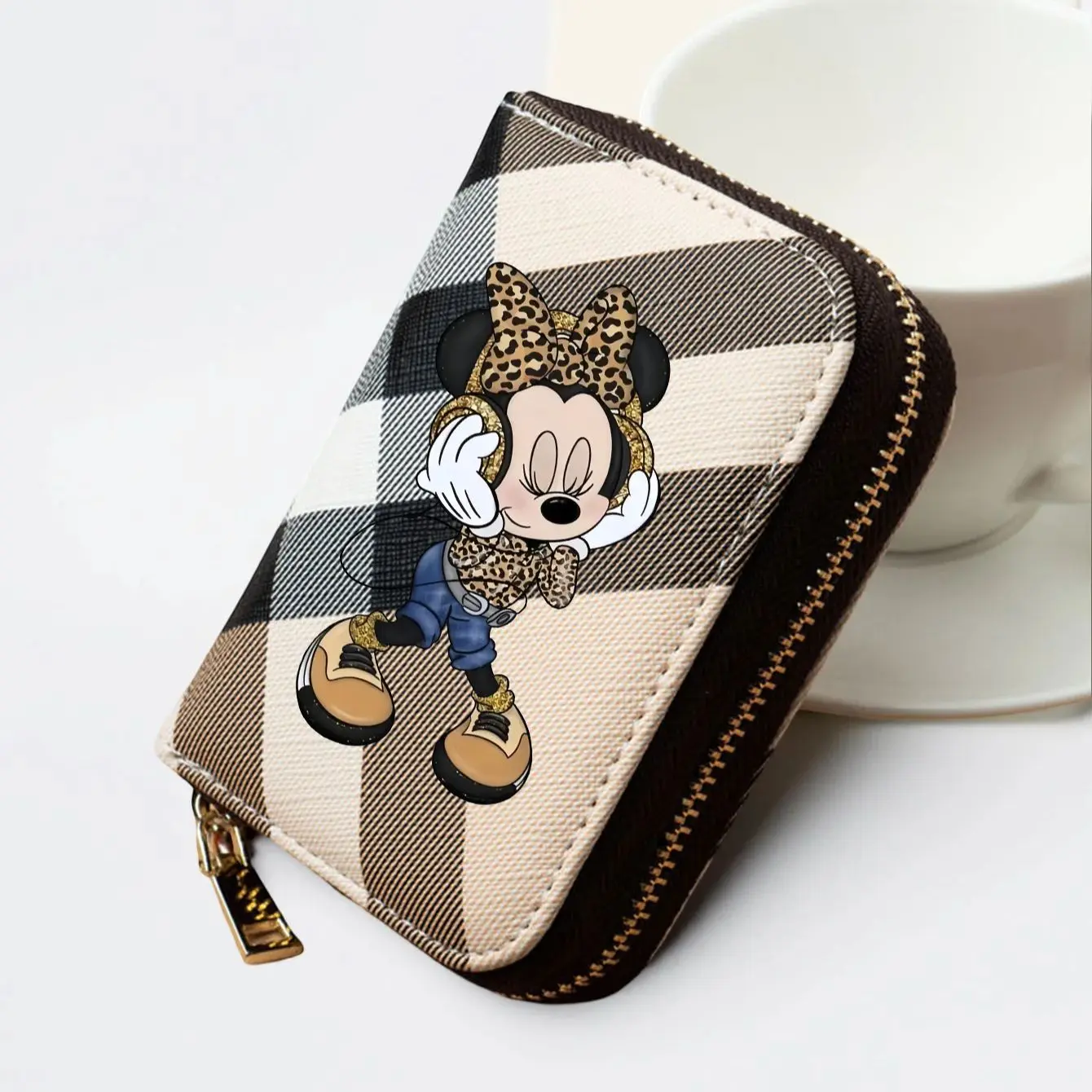 Minnie Plaid Pattern Wallet – Short PU Leather Zipper Coin Purse with Leopard Outfit Print & Card Slots for Women, 3 Colors