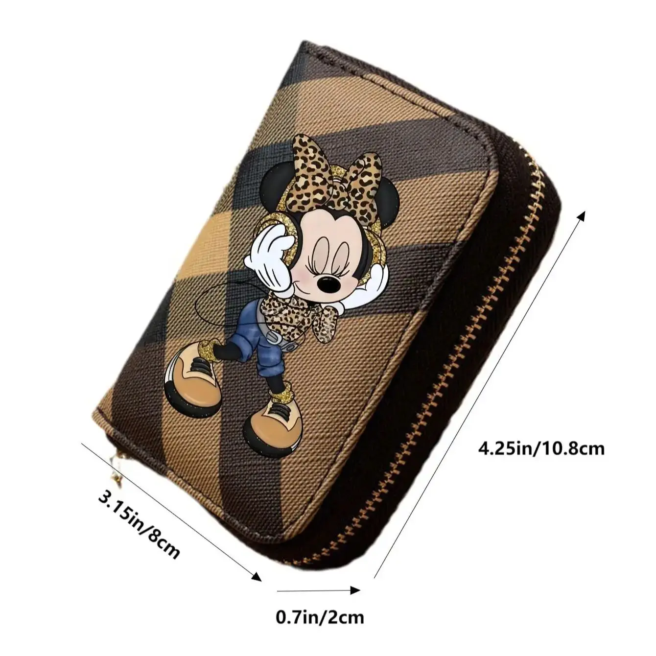 Minnie Plaid Pattern Wallet – Short PU Leather Zipper Coin Purse with Leopard Outfit Print & Card Slots for Women, 3 Colors