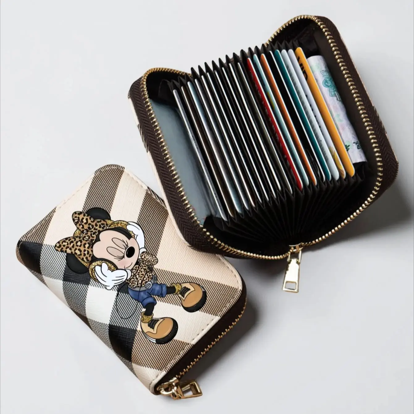 Minnie Plaid Pattern Wallet – Short PU Leather Zipper Coin Purse with Leopard Outfit Print & Card Slots for Women, 3 Colors