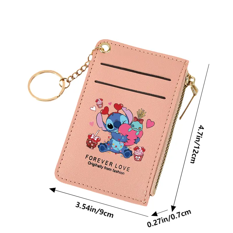 Stitch Print Card Holder Wallet for Women, PU Leather Cartoon ID Credit Case with Zipper Coin Pocket & Keychain, Gift Use