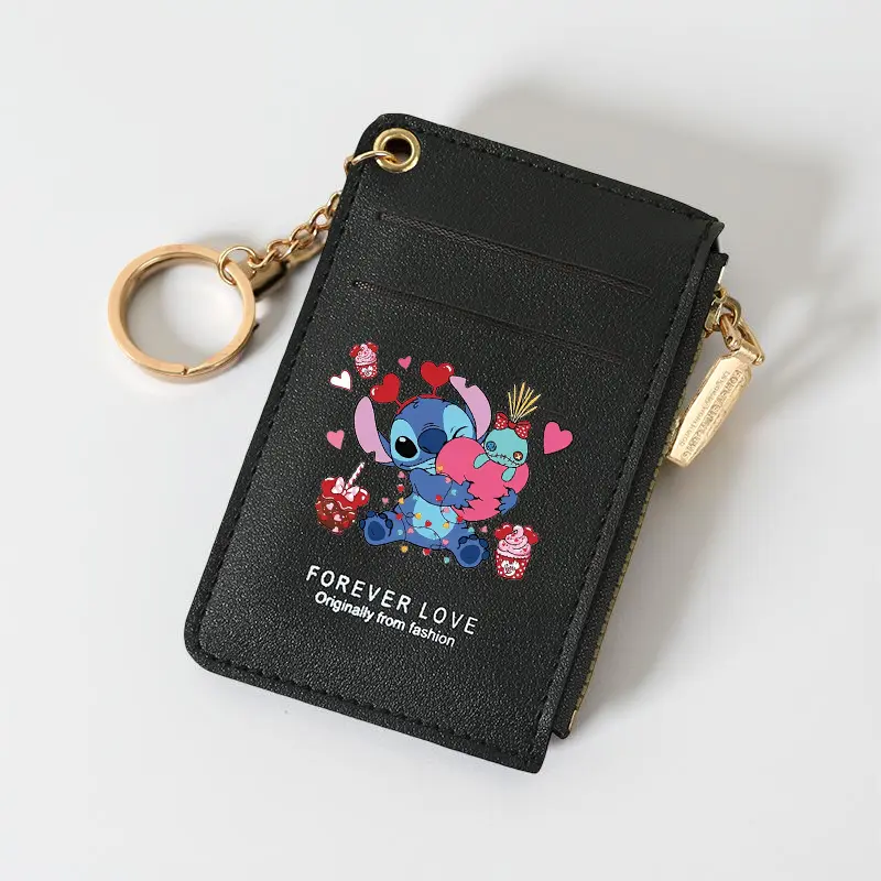 Stitch Print Card Holder Wallet for Women, PU Leather Cartoon ID Credit Case with Zipper Coin Pocket & Keychain, Gift Use