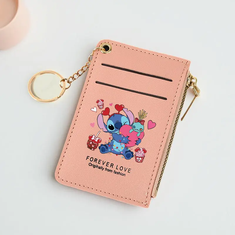 Stitch Print Card Holder Wallet for Women, PU Leather Cartoon ID Credit Case with Zipper Coin Pocket & Keychain, Gift Use