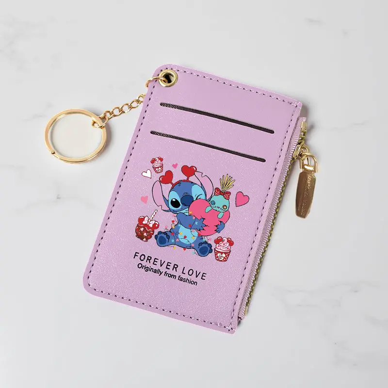 Stitch Print Card Holder Wallet for Women, PU Leather Cartoon ID Credit Case with Zipper Coin Pocket & Keychain, Gift Use
