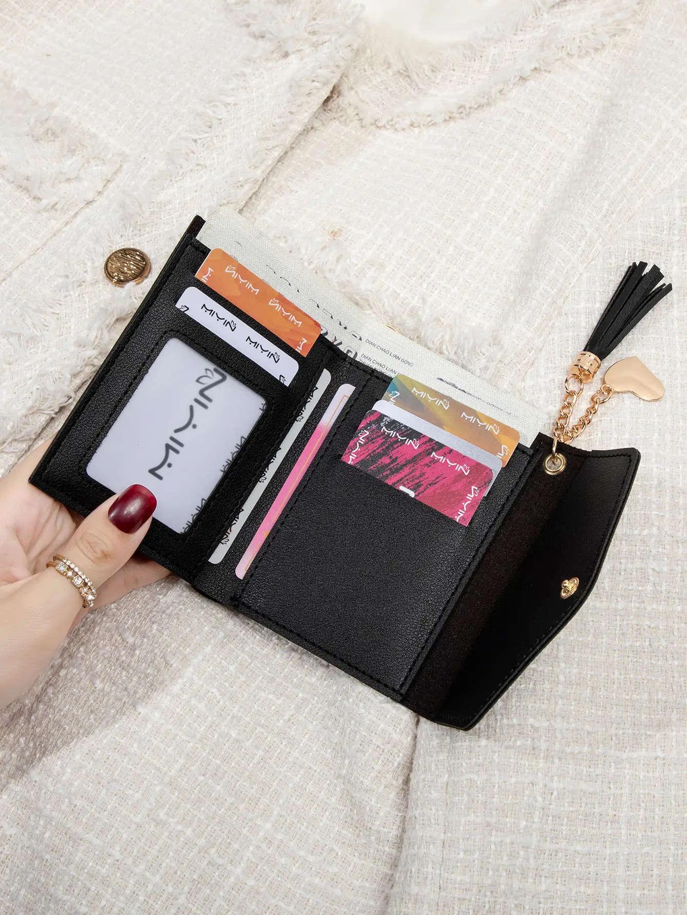 Compact Women’s Clutch Wallet Sleek Black,Portable Coin Purse with Golden-Tone Snap Closure&Tassel Detail Mini Lightweight Purse