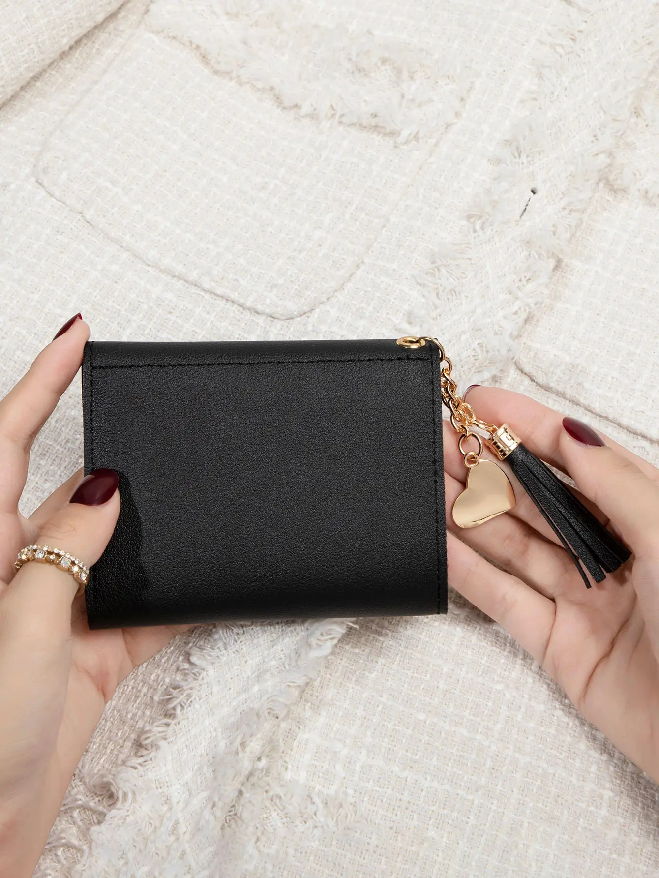 Compact Women’s Clutch Wallet Sleek Black,Portable Coin Purse with Golden-Tone Snap Closure&Tassel Detail Mini Lightweight Purse