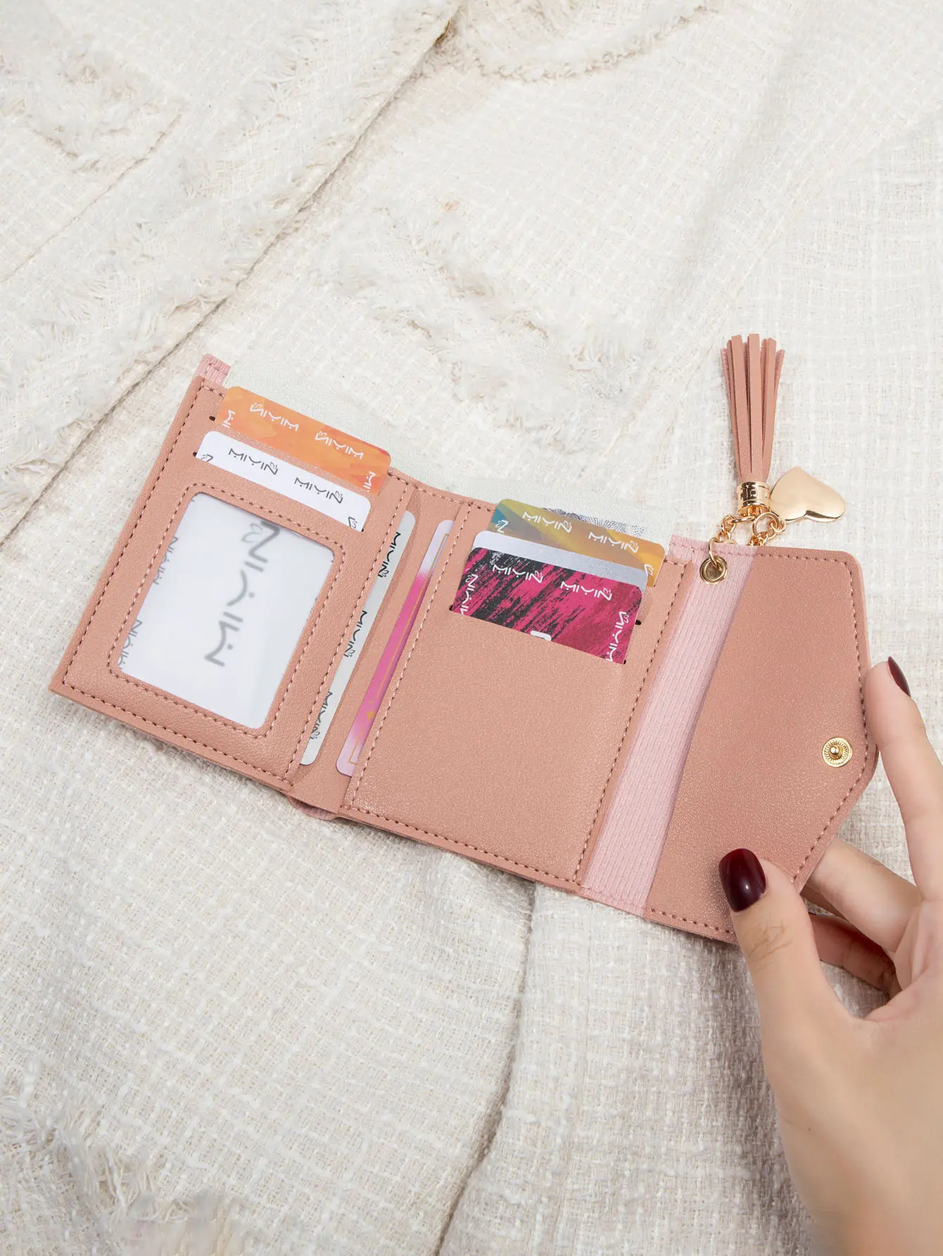 Compact Women’s Clutch Wallet Sleek Black,Portable Coin Purse with Golden-Tone Snap Closure&Tassel Detail Mini Lightweight Purse