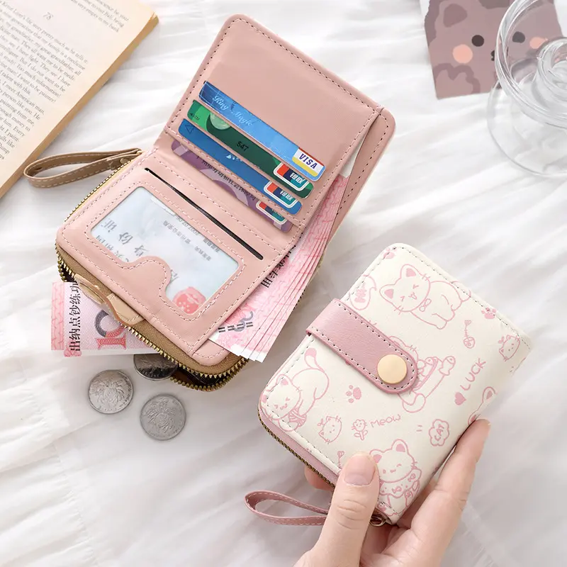 Cute Cat Coin Purse Women Fashion Short Wallet PU Leather Large Capacity Wallet Lightweight ID Card Holder Travel Cash Coin Bag
