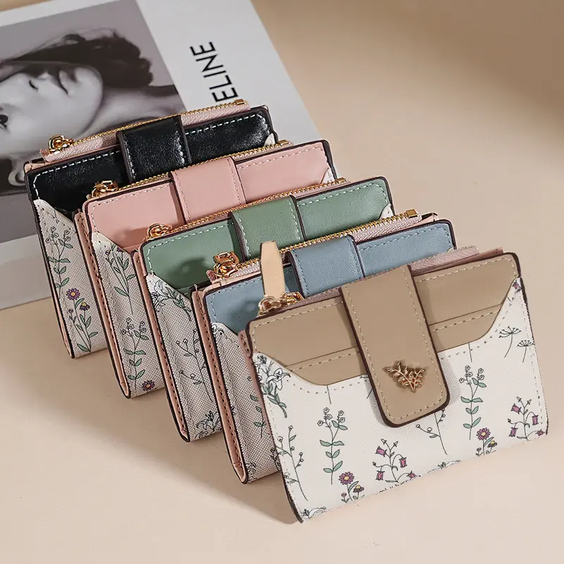 Fashion PU Leather Women Short Wallet Zipper Hasp Small Flowers Card Holder Slim Small Wallet Multi-Cards Coin Purse For Girl