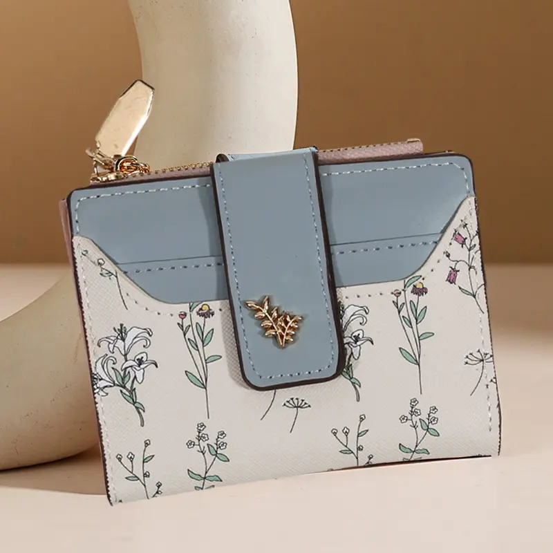 Fashion PU Leather Women Short Wallet Zipper Hasp Small Flowers Card Holder Slim Small Wallet Multi-Cards Coin Purse For Girl