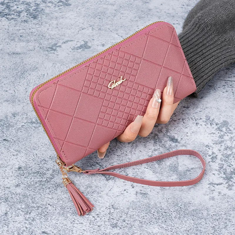 Korean version women's long wallet with mobile phone bag wallet, simple wallet, women's long wallet, tassel zipper handbag