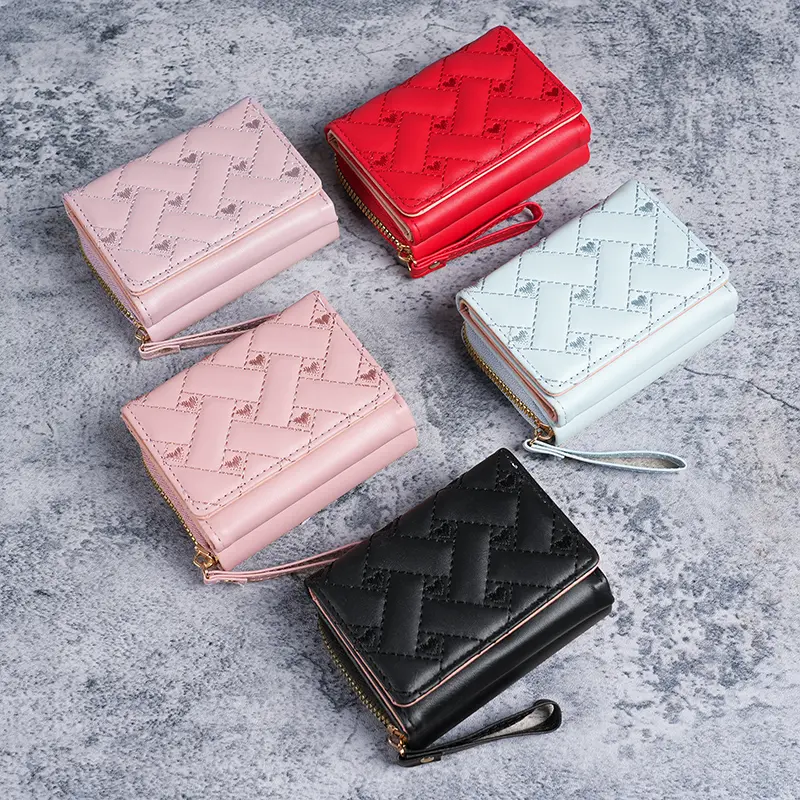 New Women's Wallet Short, Simple Embroidered Love PU Zero Wallet Multi Card Small Wallet Wallet Wallet Clip Card Bag