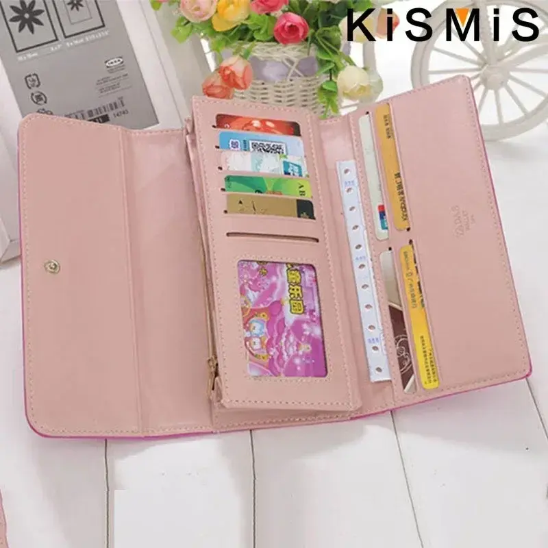 Cute Pink Wallet for Women Plaid PU Leather Long Purse Pocket Money Coin Bag Hasp Phone Holder Stylish Design
