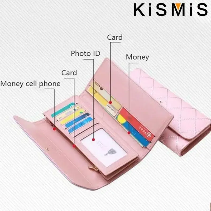 Cute Pink Wallet for Women Plaid PU Leather Long Purse Pocket Money Coin Bag Hasp Phone Holder Stylish Design