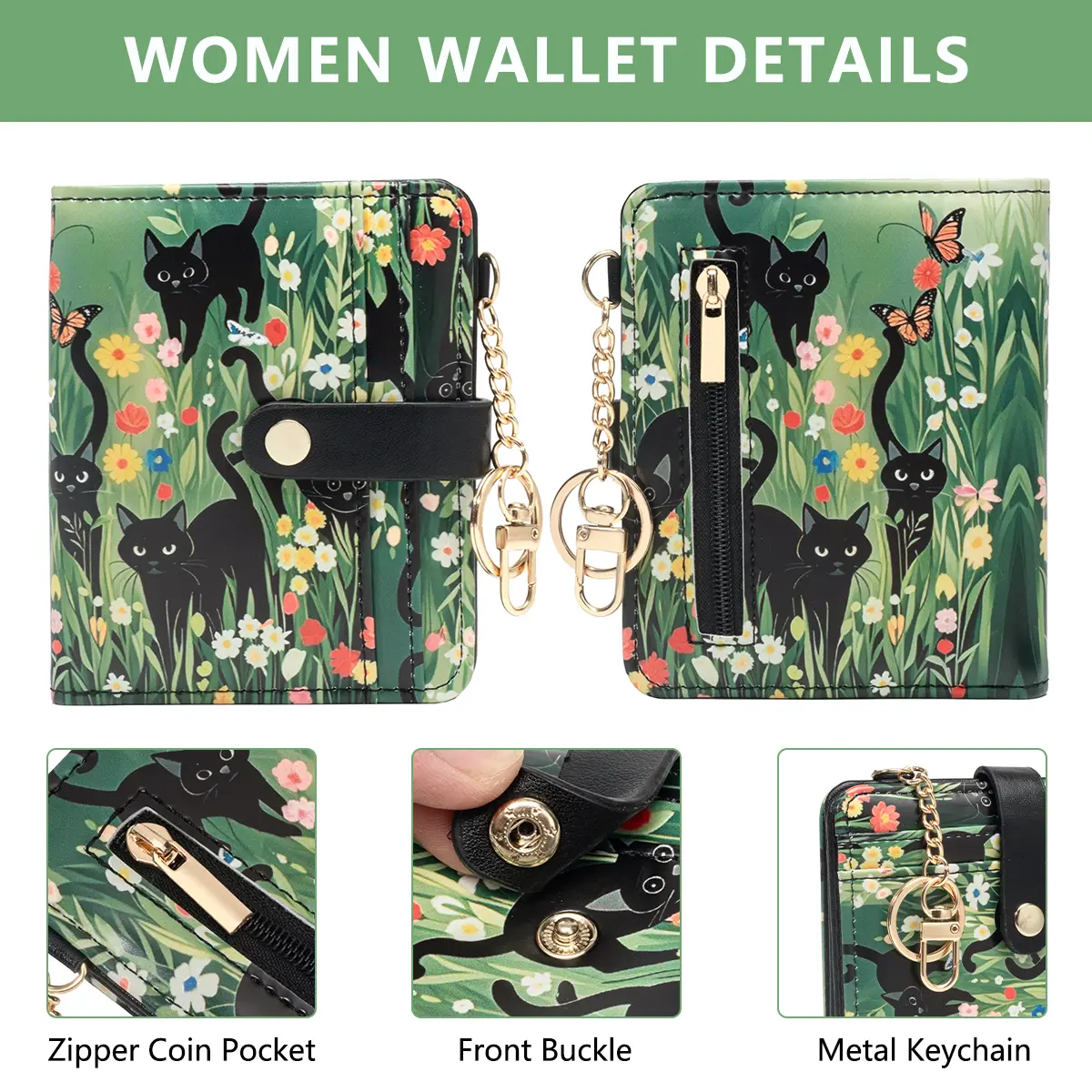 Black Cat Flower Pattern Rfid Women's Wallet, Ultra-Thin Compact Credit Card Wallet with Key Chain, Pu Leather Folded Zipper Coin Bag Id Card Transparent Window, Suitable for Women/Girls/Girls