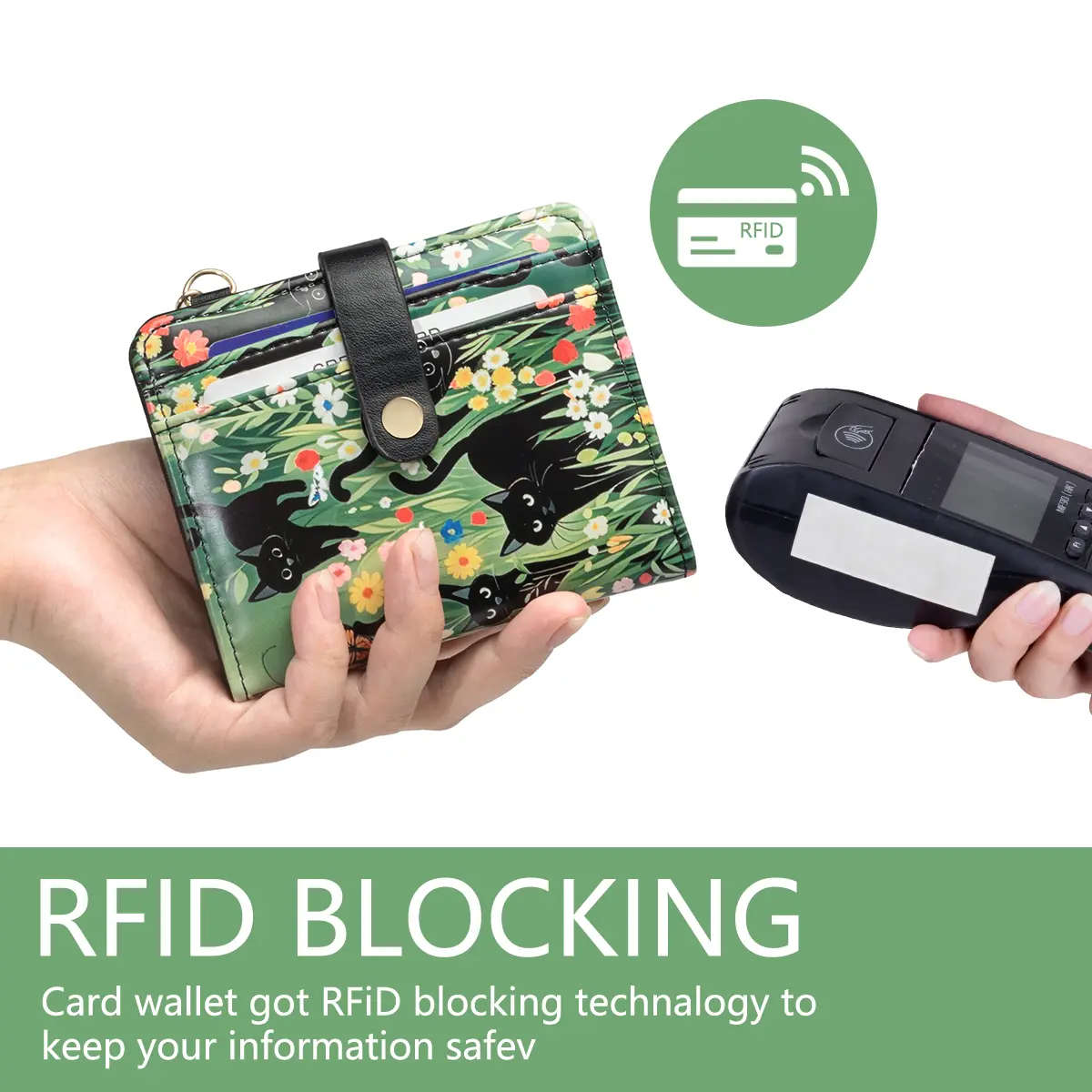 Black Cat Flower Pattern Rfid Women's Wallet, Ultra-Thin Compact Credit Card Wallet with Key Chain, Pu Leather Folded Zipper Coin Bag Id Card Transparent Window, Suitable for Women/Girls/Girls