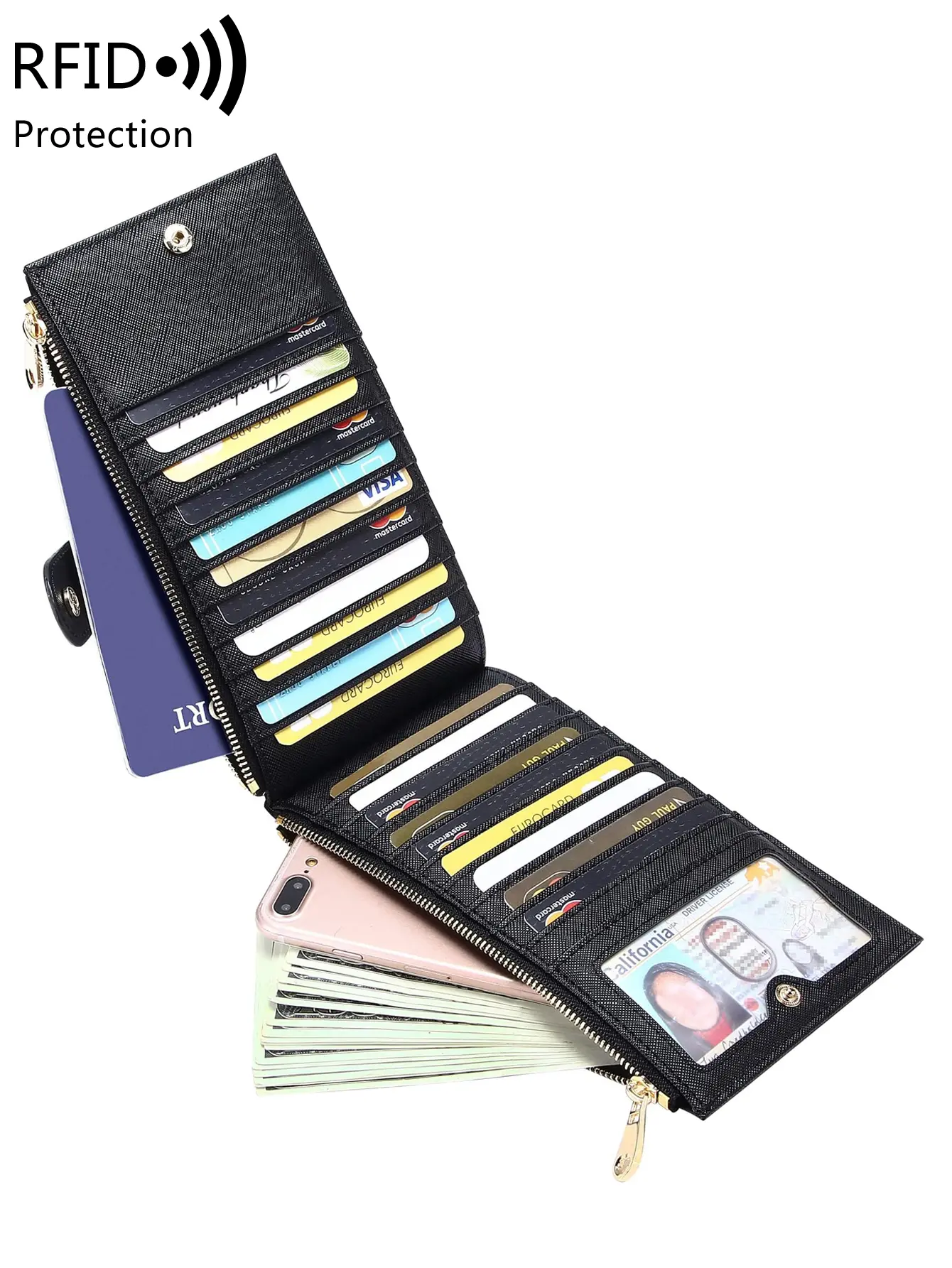 Womens Wallet RFID Blocking Bifold Multi Card Case Wallet With Zipper Pocket Multifunctional Large Capacity Clutch Long Wallet