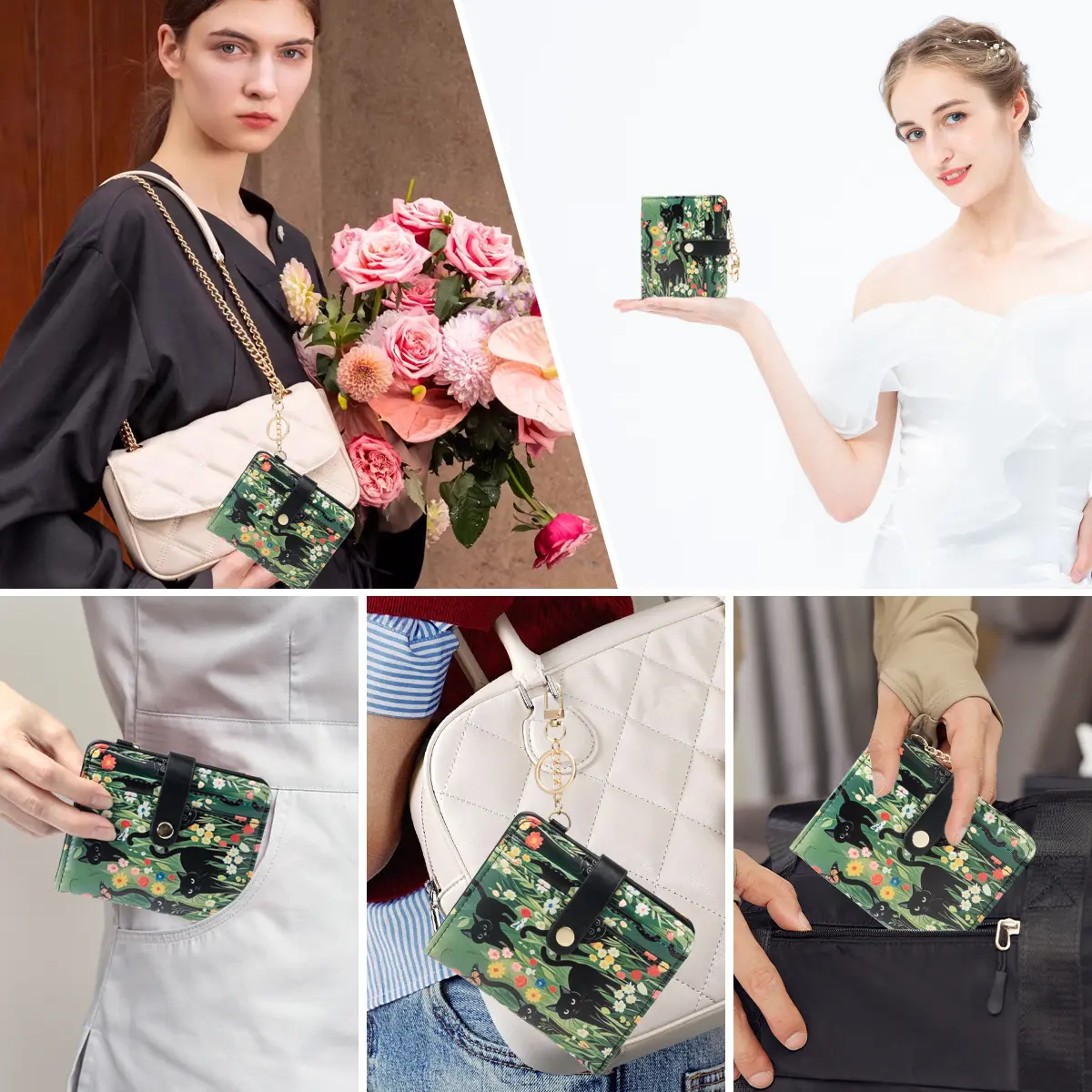 Black Cat Flower Pattern Rfid Women's Wallet, Ultra-Thin Compact Credit Card Wallet with Key Chain, Pu Leather Folded Zipper Coin Bag Id Card Transparent Window, Suitable for Women/Girls/Girls