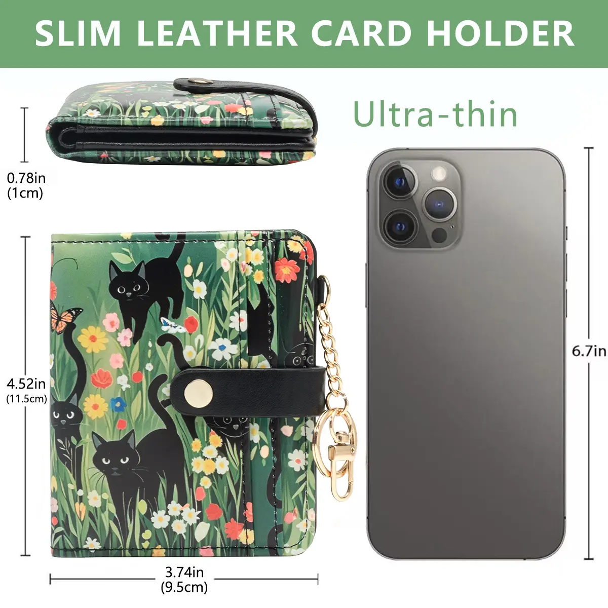 Black Cat Flower Pattern Rfid Women's Wallet, Ultra-Thin Compact Credit Card Wallet with Key Chain, Pu Leather Folded Zipper Coin Bag Id Card Transparent Window, Suitable for Women/Girls/Girls