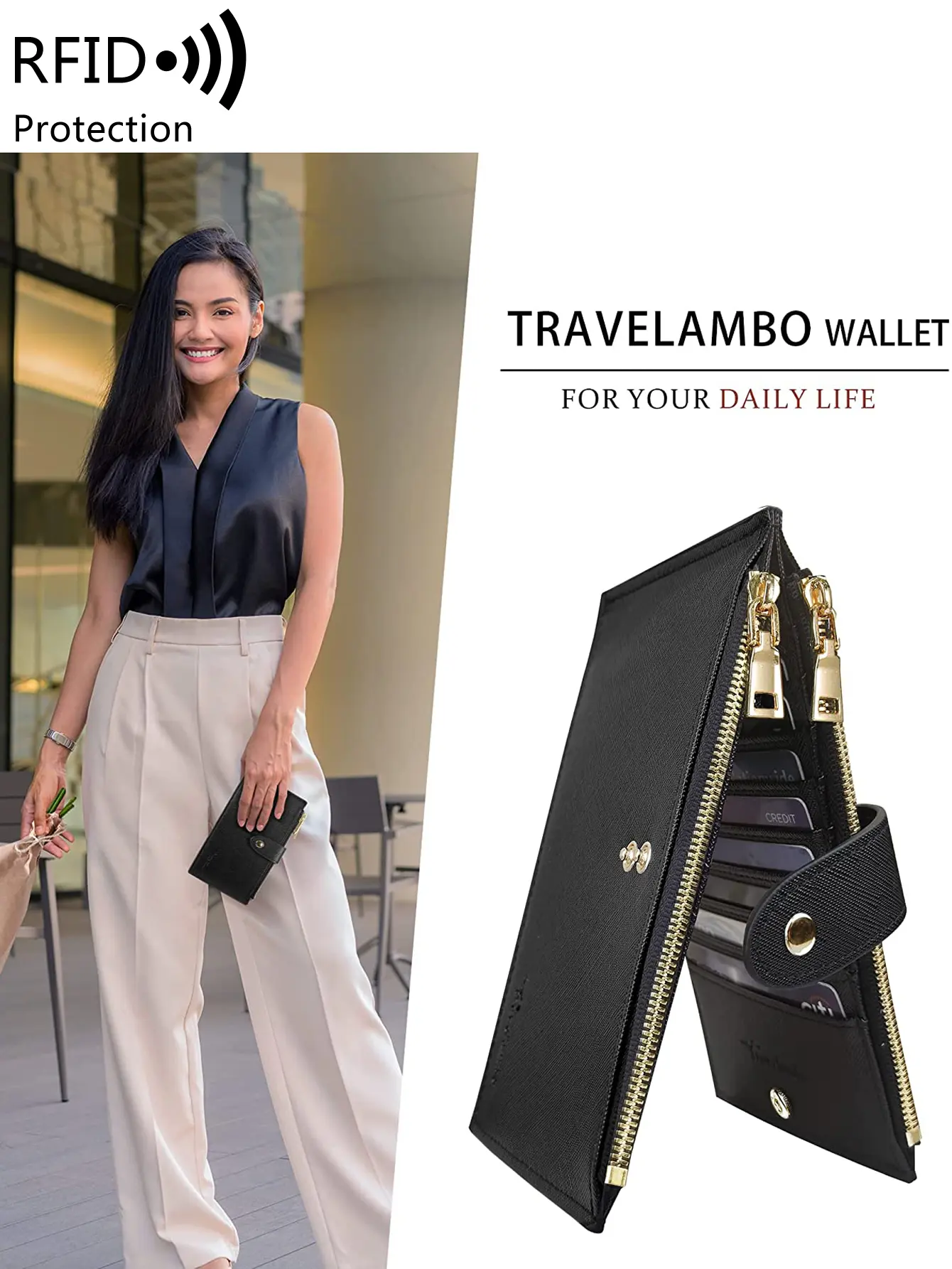 Womens Wallet RFID Blocking Bifold Multi Card Case Wallet With Zipper Pocket Multifunctional Large Capacity Clutch Long Wallet