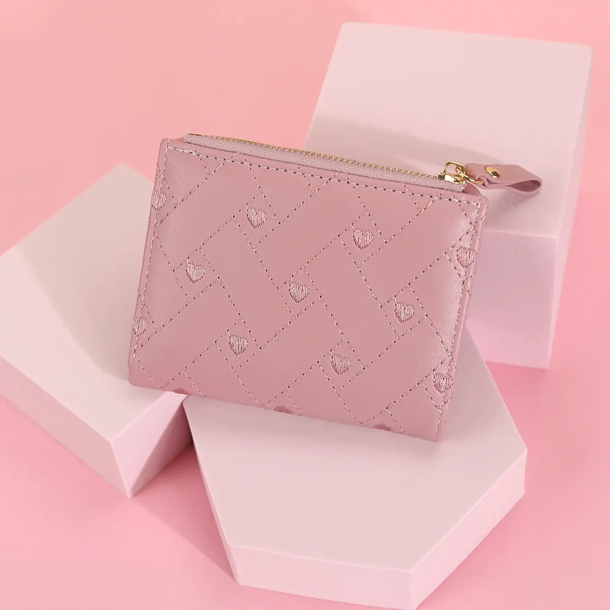 Women's short wallet with heart-shaped embroidery thread, zero wallet, zipper buckle, women's multi card slot card bag, fashiona