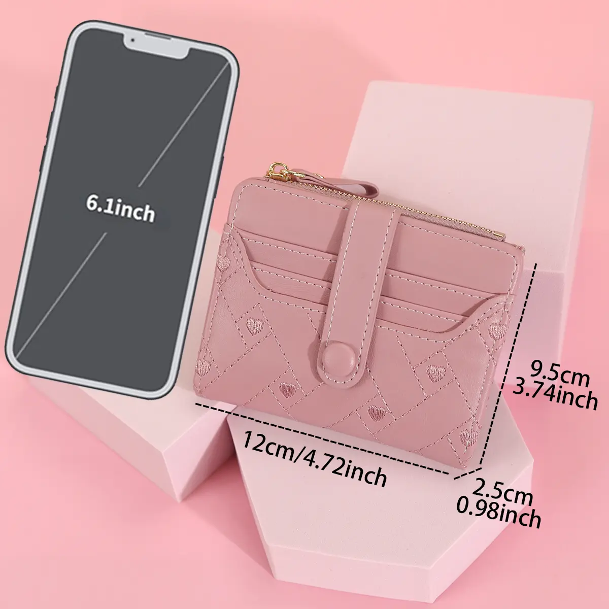 Women's short wallet with heart-shaped embroidery thread, zero wallet, zipper buckle, women's multi card slot card bag, fashiona