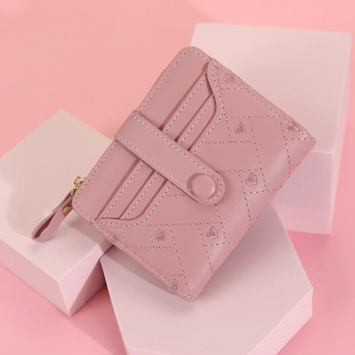 Women's short wallet with heart-shaped embroidery thread, zero wallet, zipper buckle, women's multi card slot card bag, fashiona