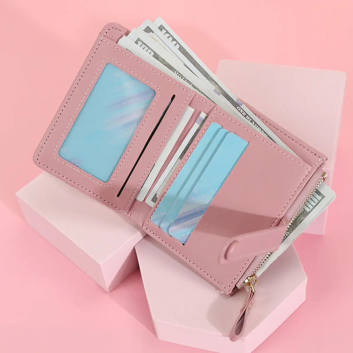 Women's short wallet with heart-shaped embroidery thread, zero wallet, zipper buckle, women's multi card slot card bag, fashiona