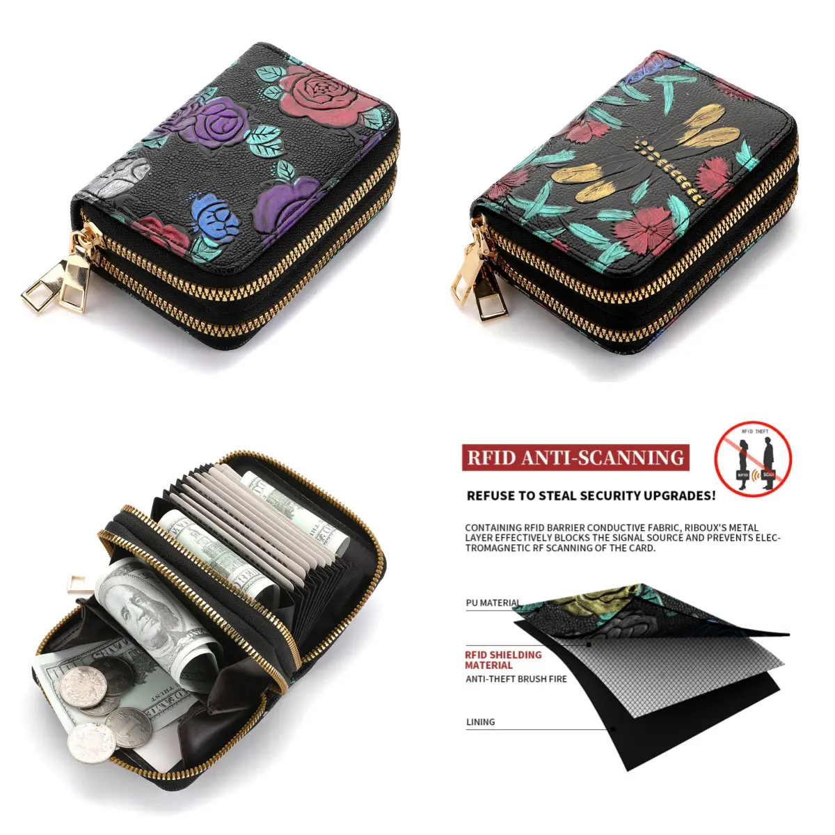 Women Girls High Quality Fashion Multi-Function Credit Card Holder With Wallet Rfid Double Zipper Coin Purse For Women