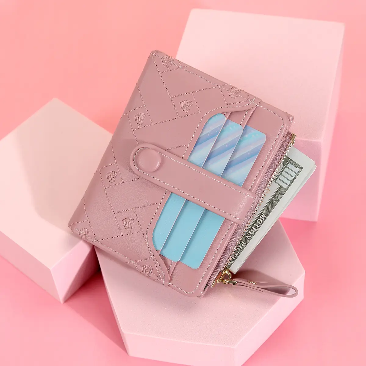 Women's short wallet with heart-shaped embroidery thread, zero wallet, zipper buckle, women's multi card slot card bag, fashiona