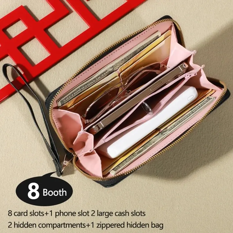 Trendy Solid Color Long Wallet, Zippers Clutch Coin Purse, Women's Faux Leather Card Holder With Wristband
