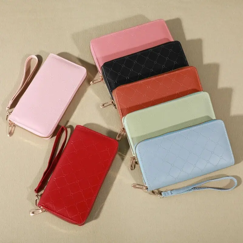 Trendy Solid Color Long Wallet, Zippers Clutch Coin Purse, Women's Faux Leather Card Holder With Wristband