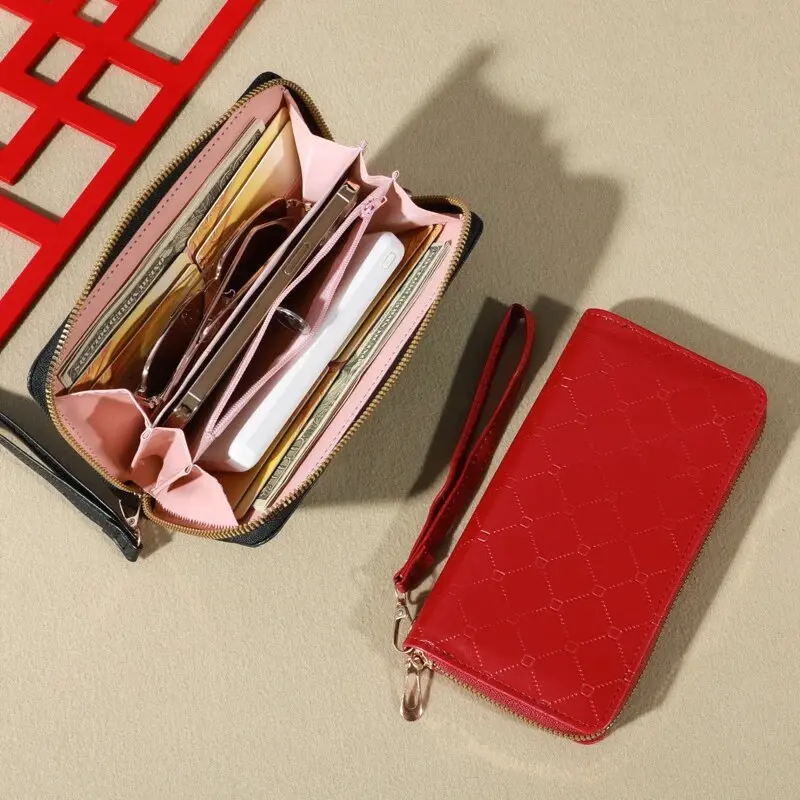 Trendy Solid Color Long Wallet, Zippers Clutch Coin Purse, Women's Faux Leather Card Holder With Wristband