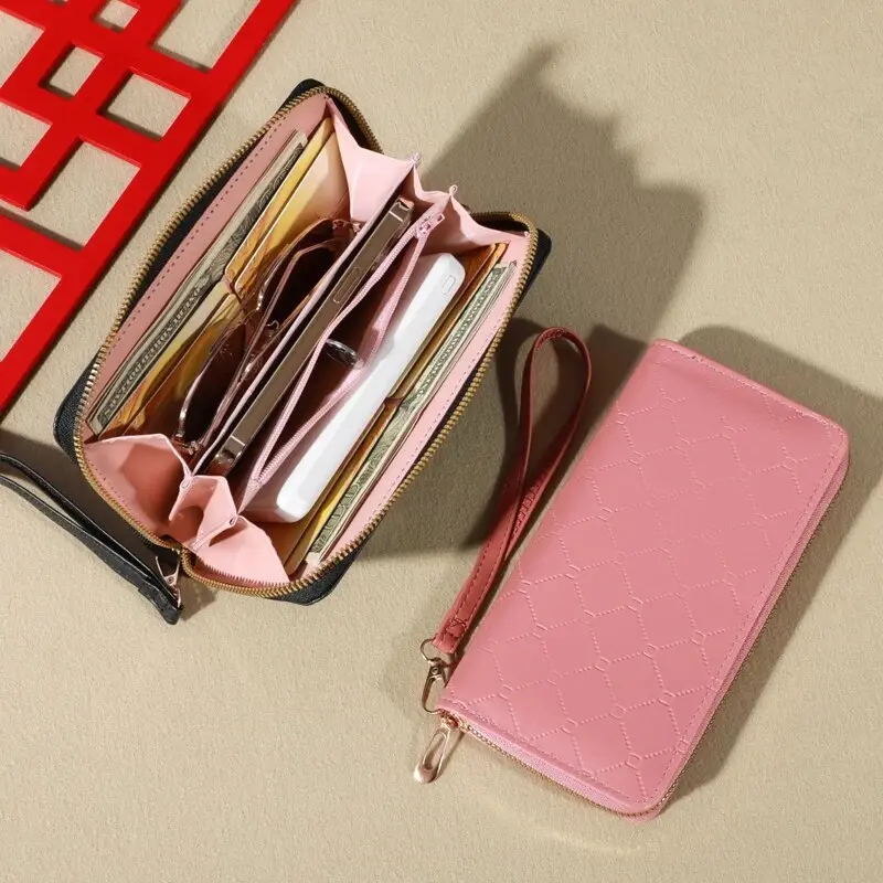Trendy Solid Color Long Wallet, Zippers Clutch Coin Purse, Women's Faux Leather Card Holder With Wristband