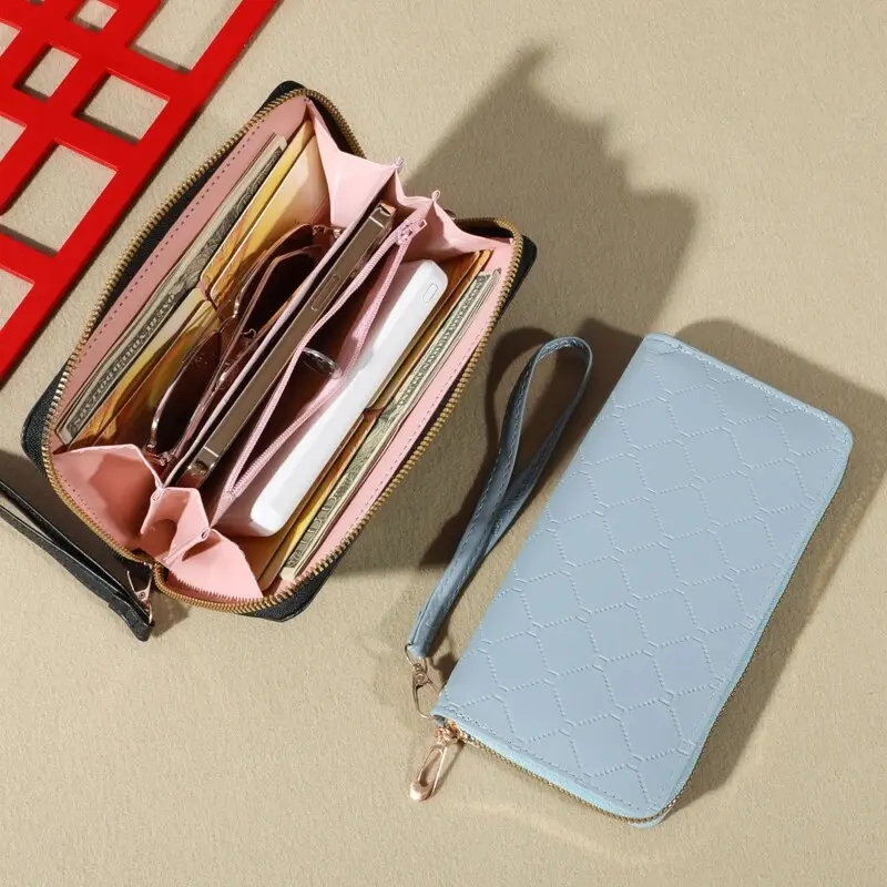 Trendy Solid Color Long Wallet, Zippers Clutch Coin Purse, Women's Faux Leather Card Holder With Wristband